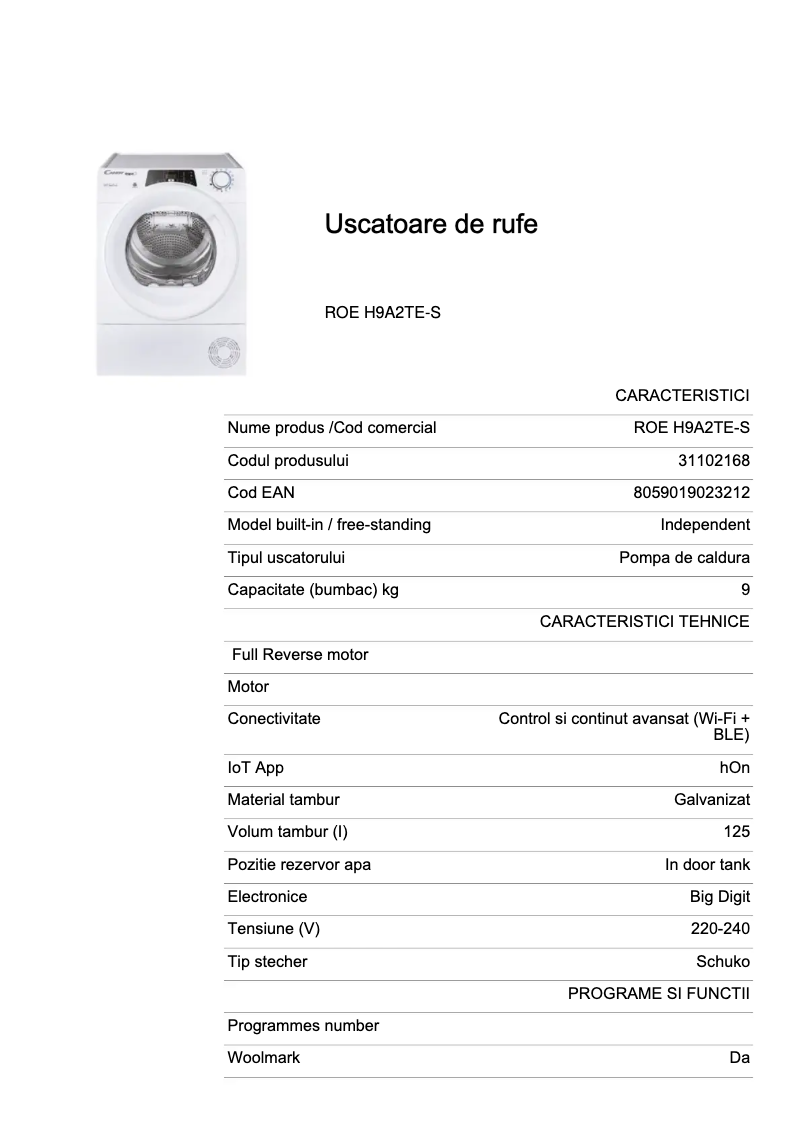 Page 1 de la notice Fiche technique Candy ROE H9A2TE-S