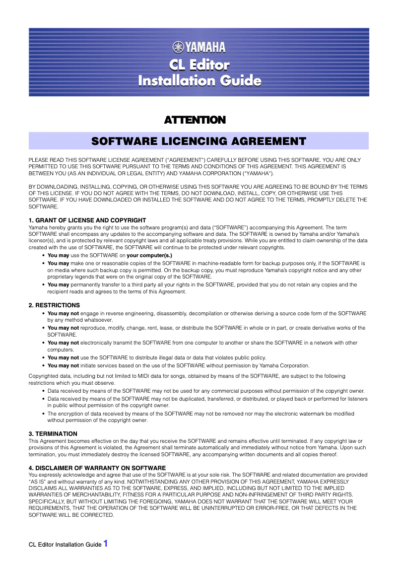 Page 1 de la notice Guide d'installation Yamaha CL1