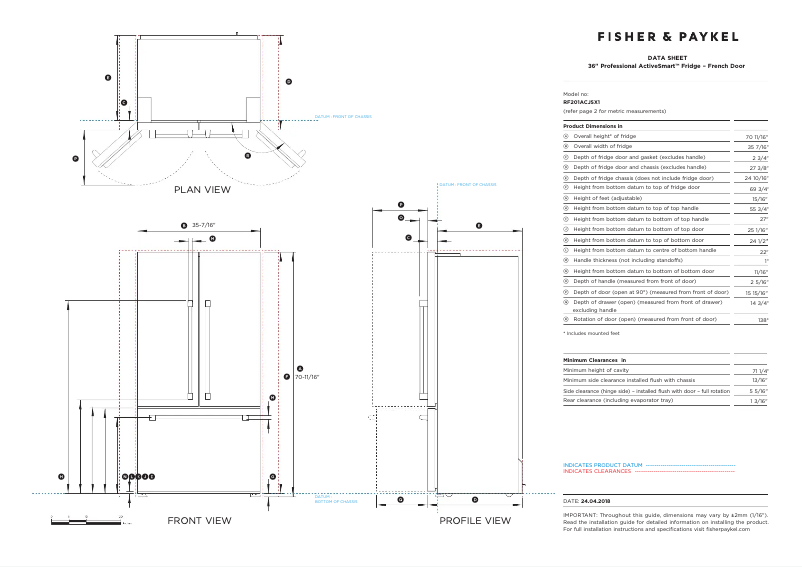 Página 1 del manual Ficha técnica Fisher & Paykel RF201ACJSX1
