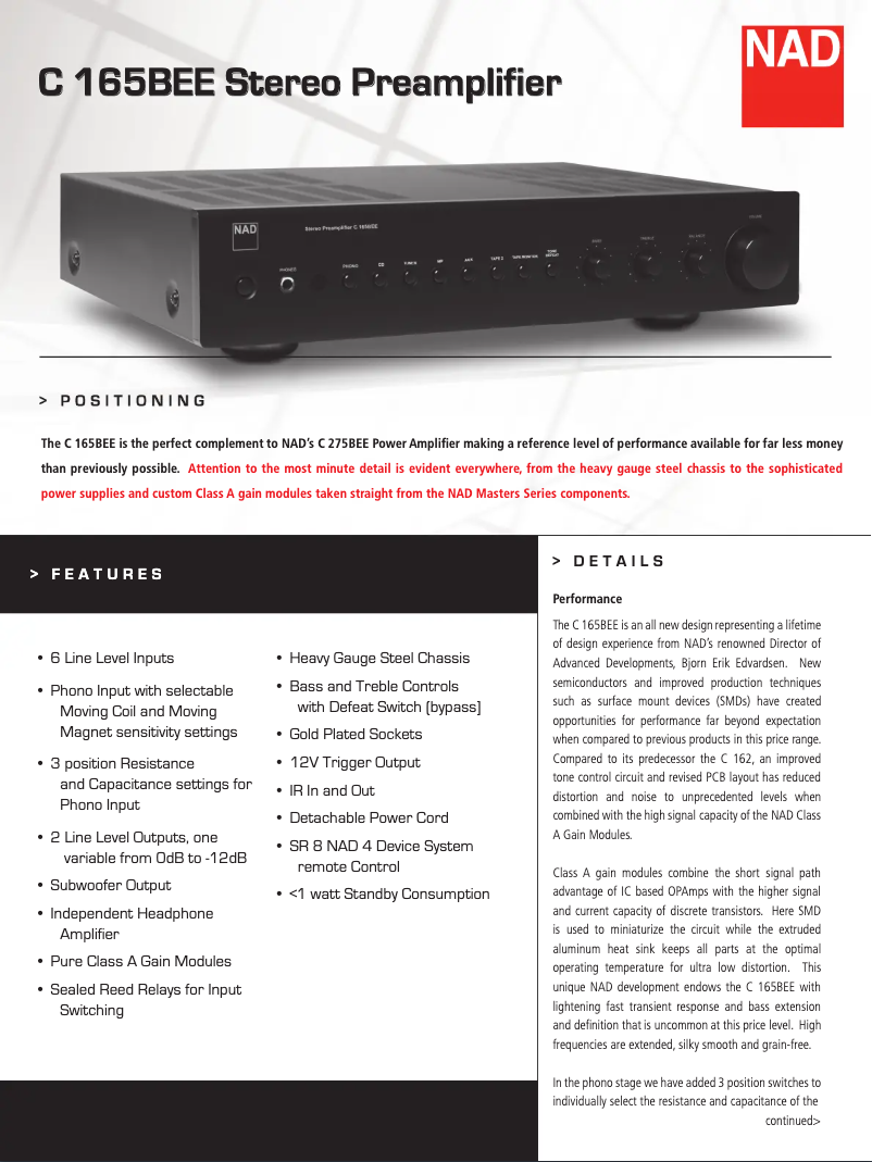 Page 1 de la notice Fiche technique NAD C 165BEE
