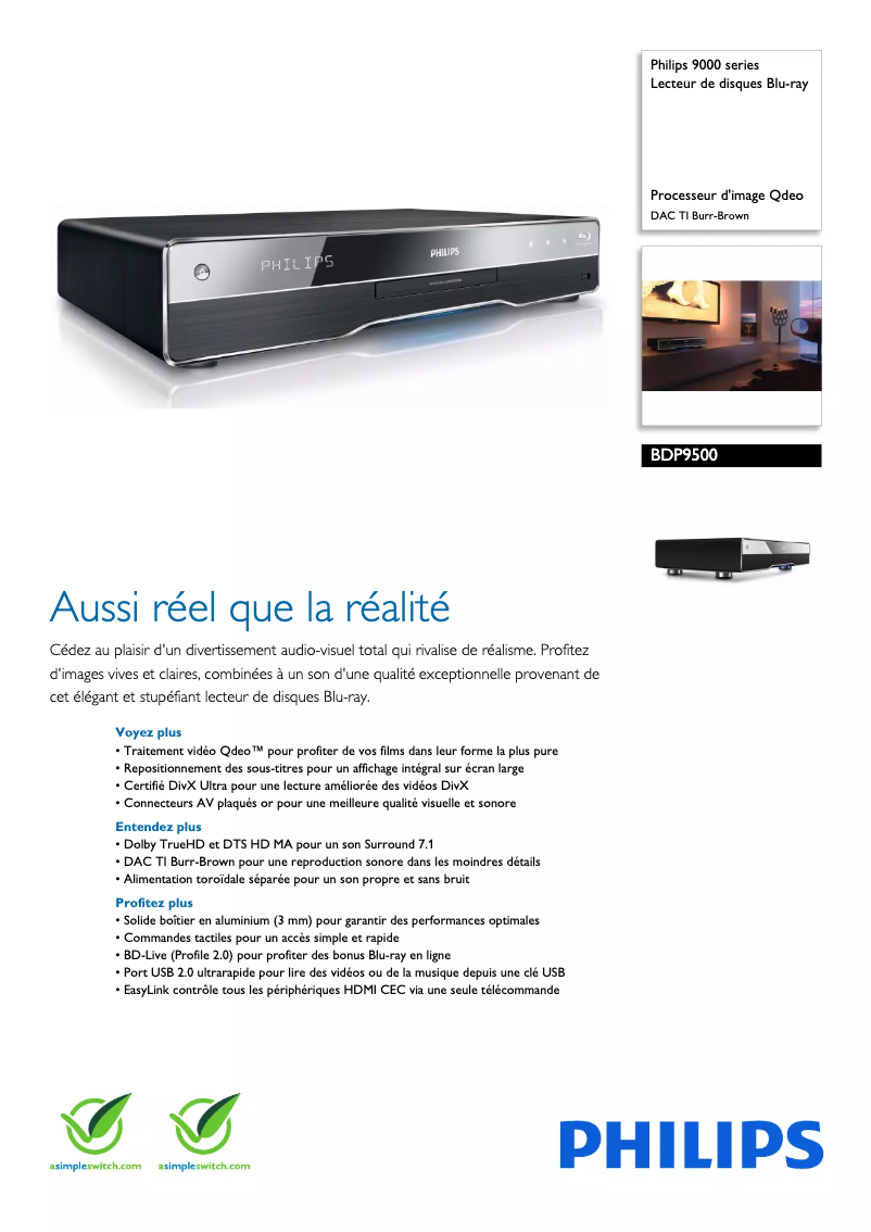 Page 1 de la notice Fiche technique Philips BDP9500