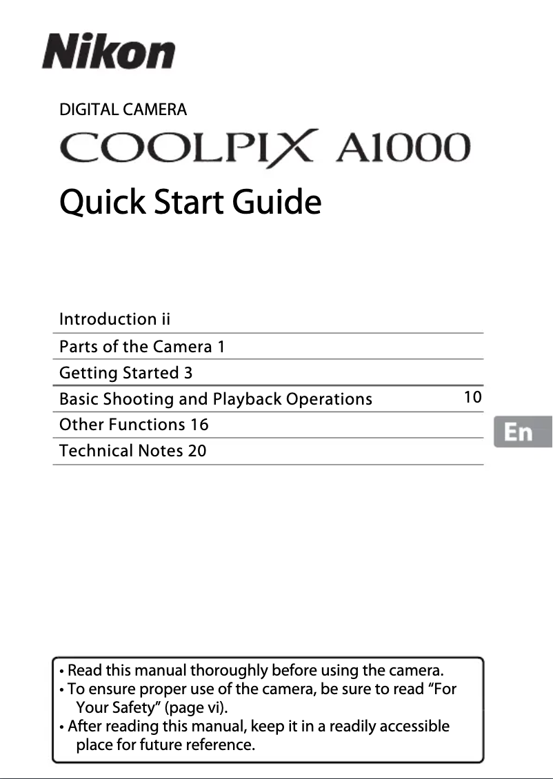 Page 1 de la notice Guide de démarrage rapide Nikon Coolpix A1000