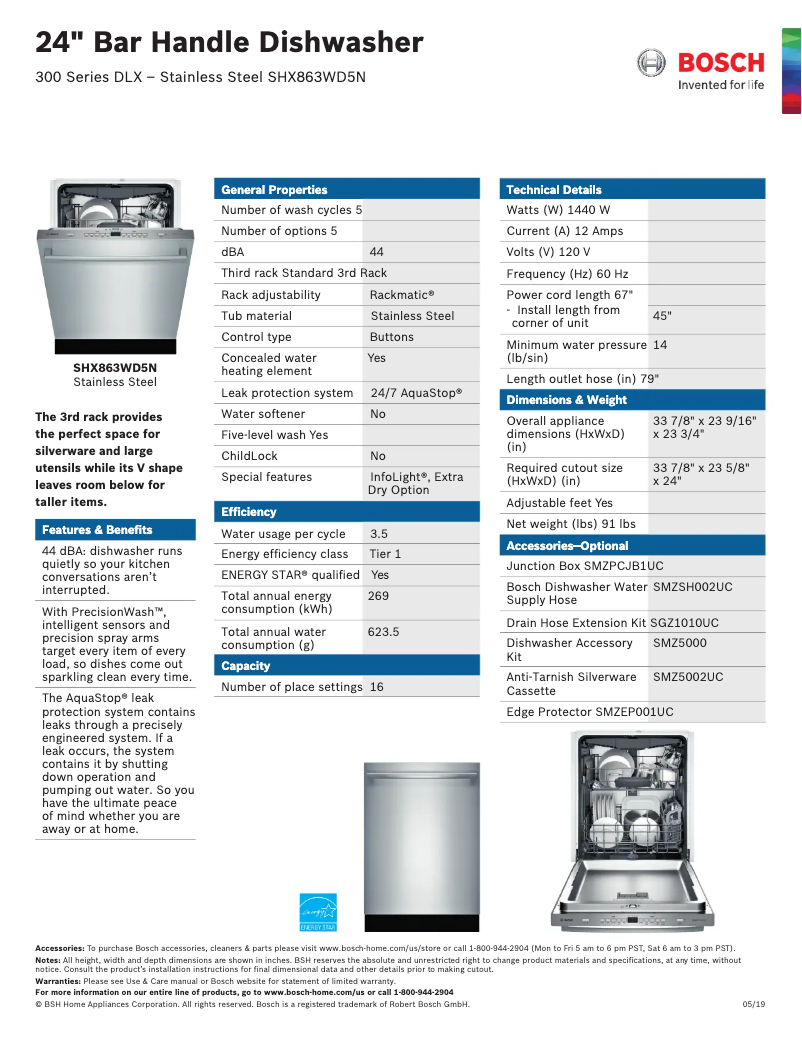 Page 1 de la notice Fiche technique Bosch SHX863WD5N