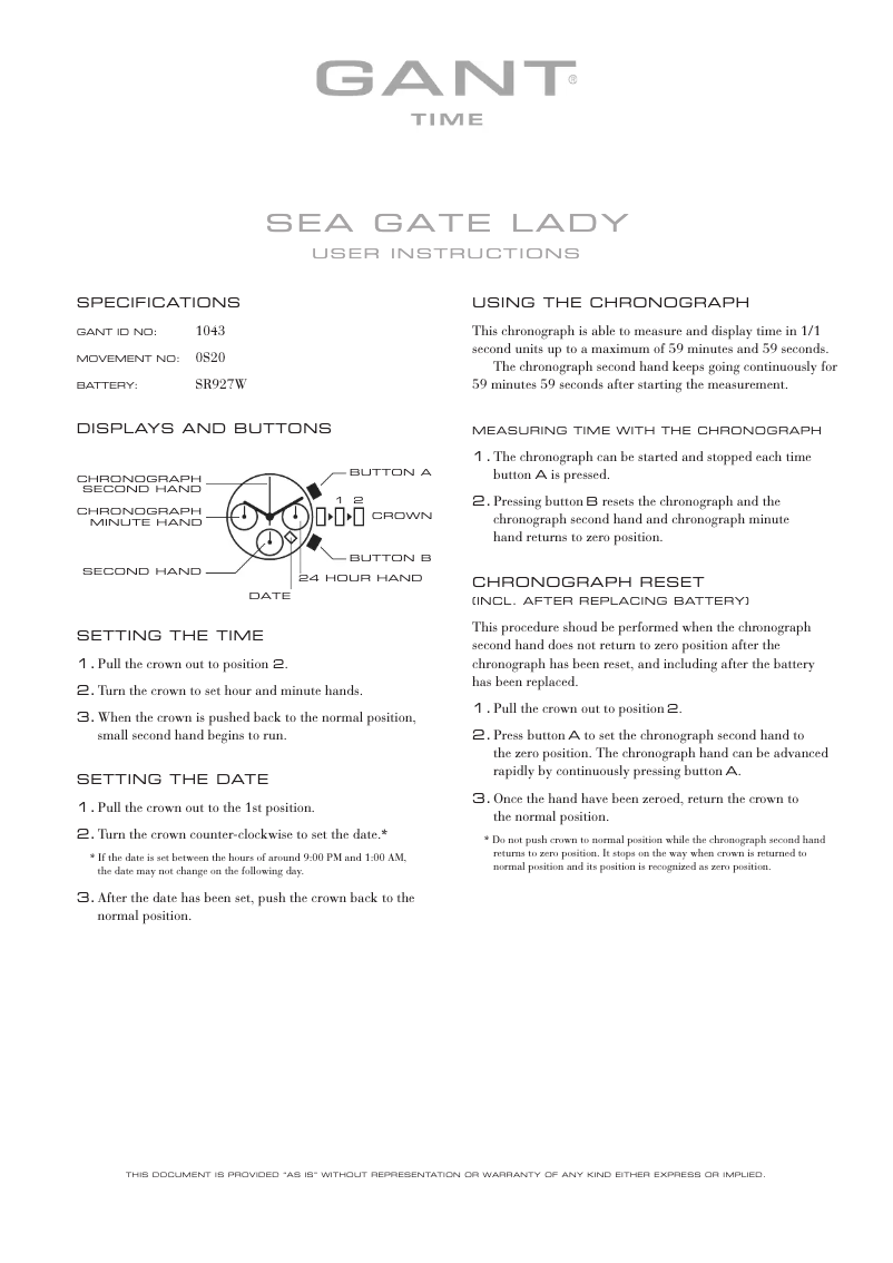 Page n°1 - Manuel utilisateur Gant Sea Gate Lady 1043