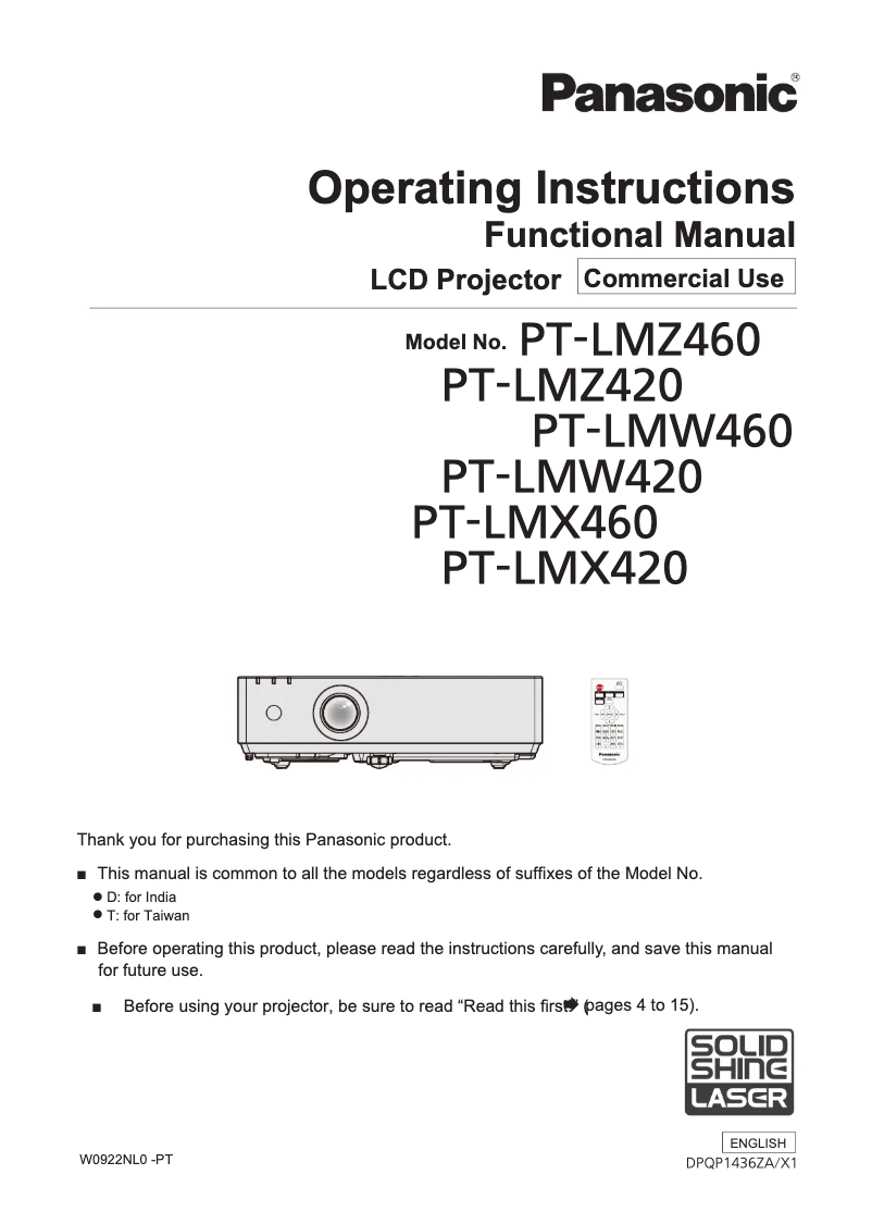 Page n°1 - Manuel utilisateur Panasonic PT-LMW420