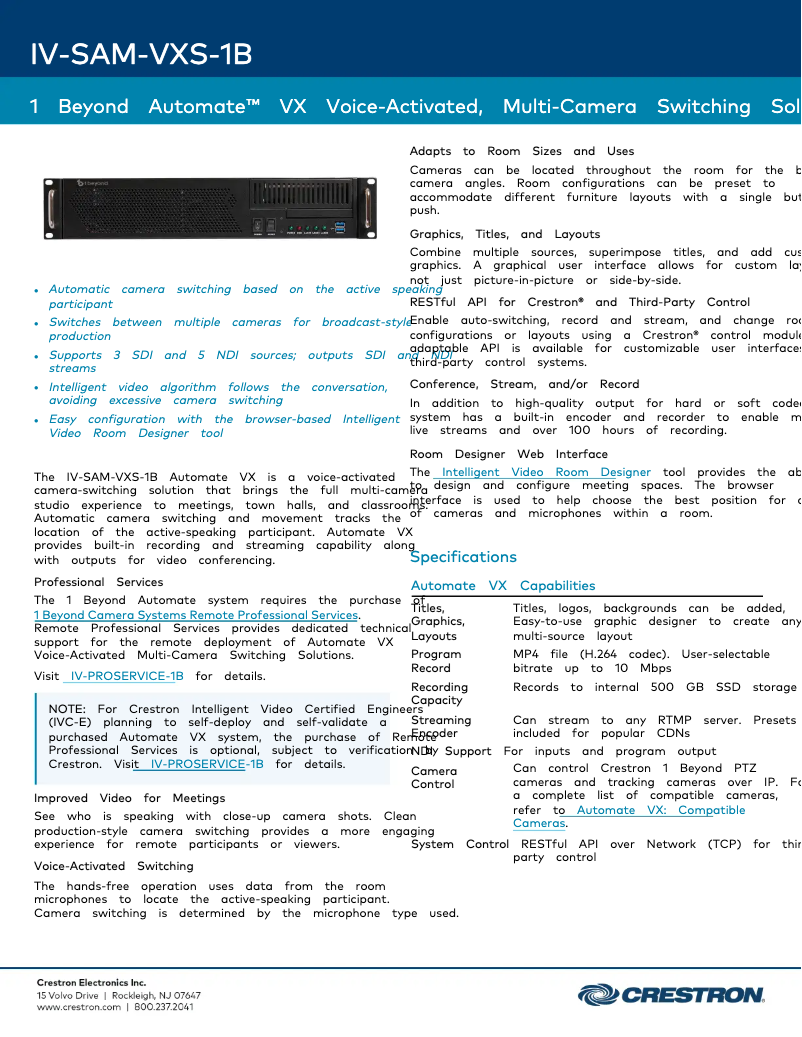 Page 1 of the manual Technical Sheet Crestron IV-SAM-VXS-1B