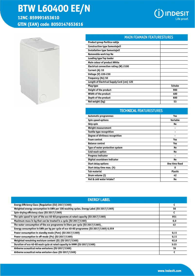Page n°1 - Fiche technique Indesit BTW L60400 EE