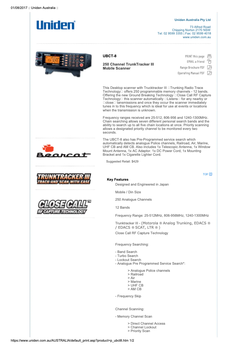 Page n°1 - Manuel utilisateur Uniden UBCT-8