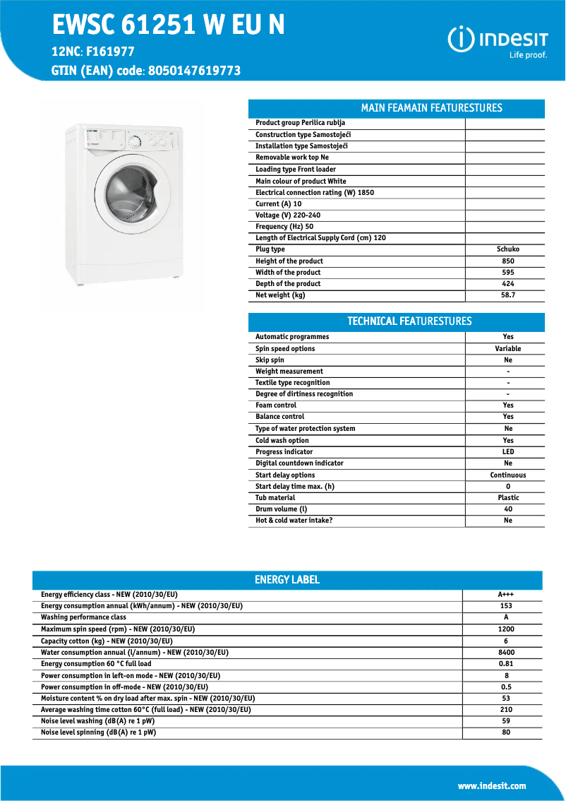 Page n°1 - Fiche technique Indesit EWSC 61251 W EU N