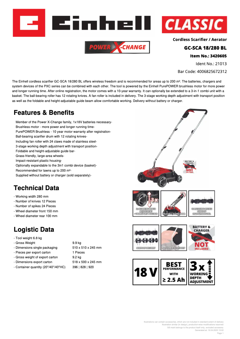 Page n°1 - Fiche technique Einhell GC-SCA 18/280 BL
