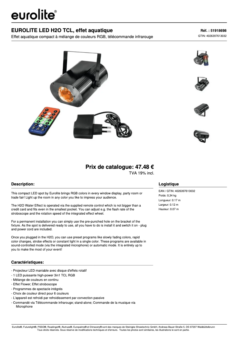 Page 1 de la notice Fiche technique Eurolite LED H2O TCL