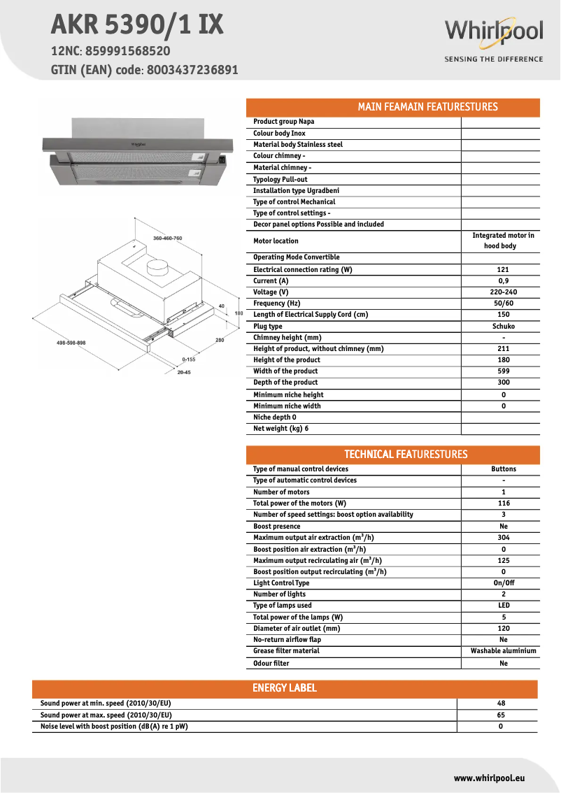 Page n°1 - Fiche technique Whirlpool AKR 5390/1 IX