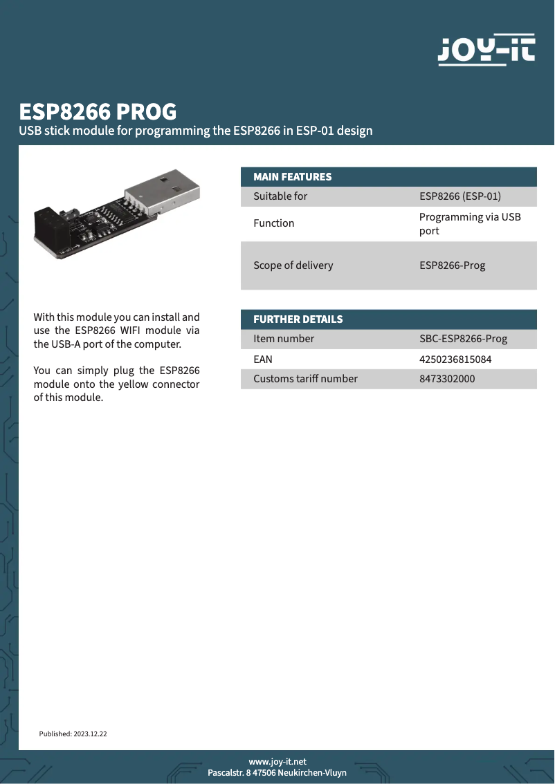 Page n°1 - Fiche technique Joy-It ESP8266-PROG
