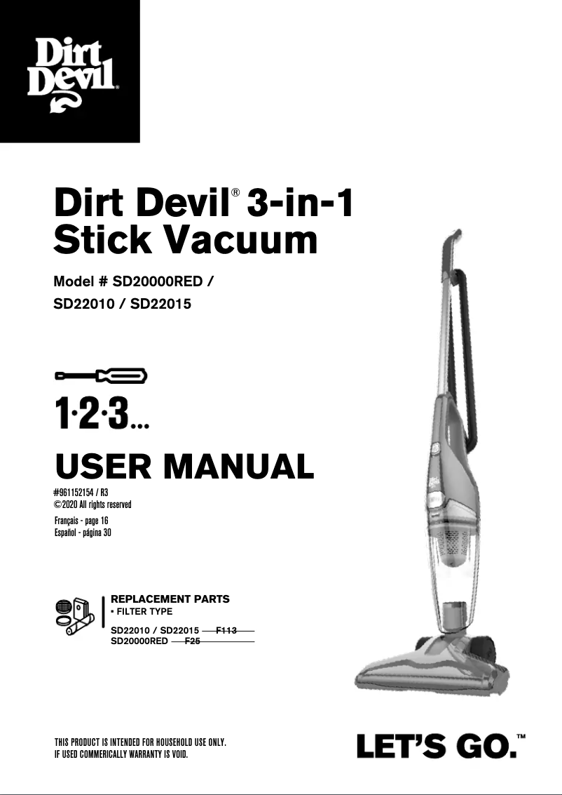 Page 1 de la notice Manuel utilisateur Dirt Devil 3-IN-1 Mini Stick Vacuum