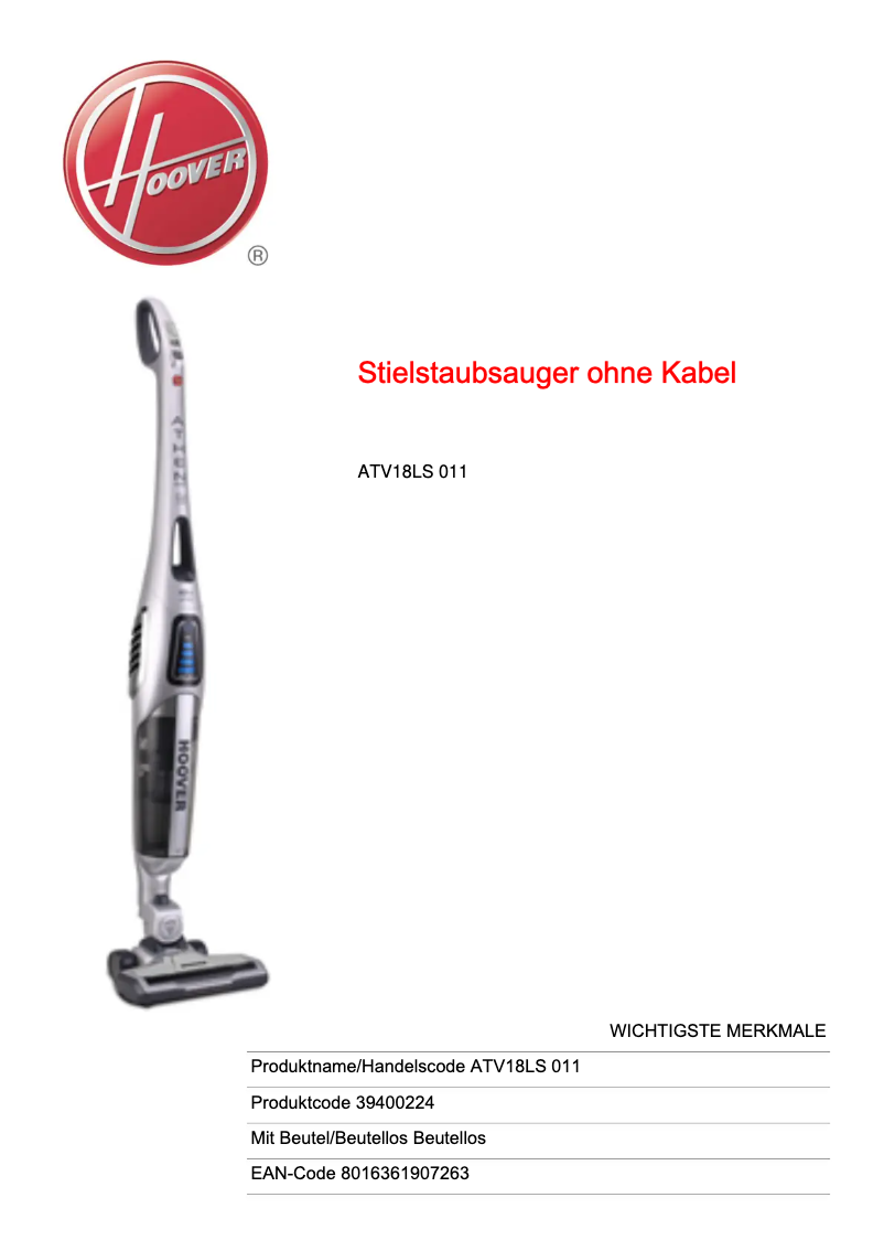 Page n°1 - Fiche technique Hoover ATV18LS 011