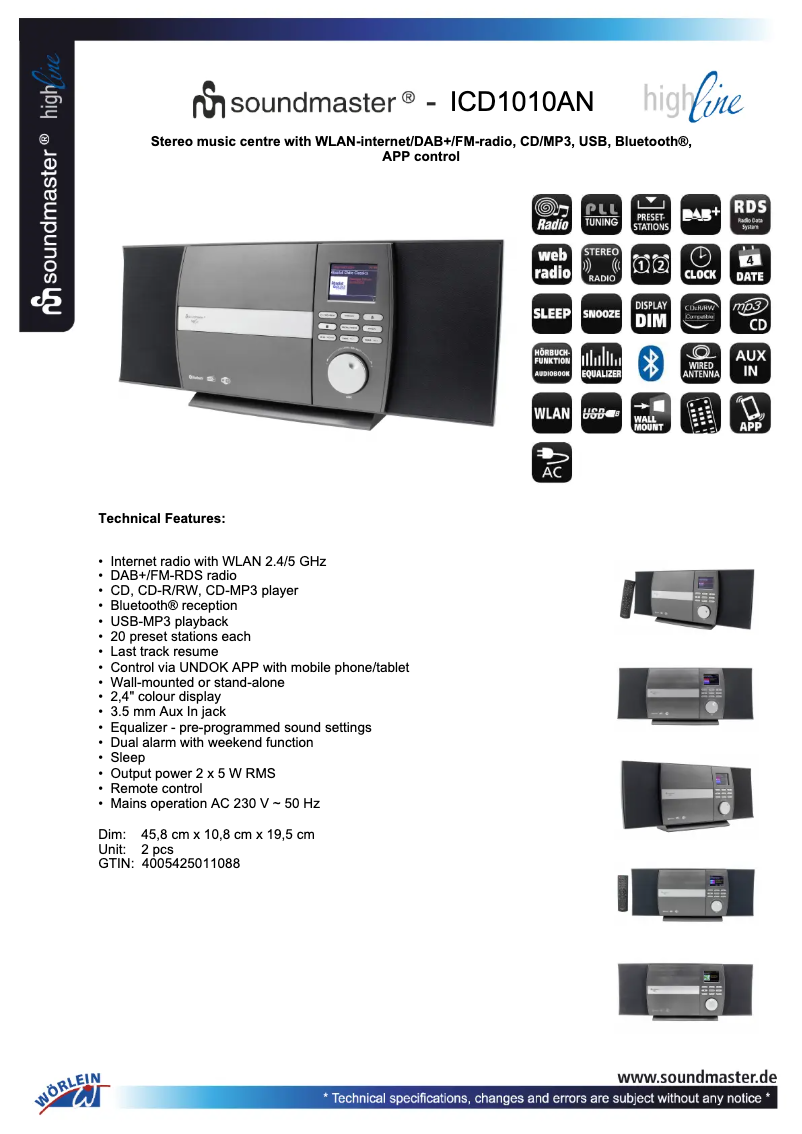 Page 1 de la notice Fiche technique Soundmaster ICD1010