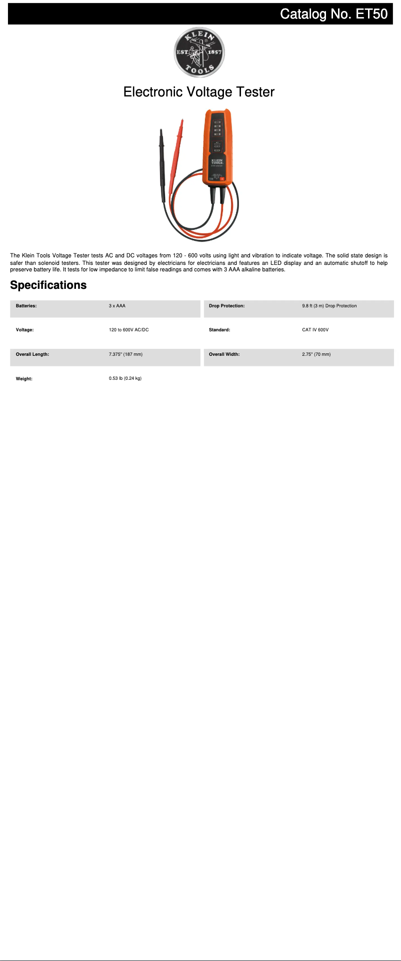 Page 1 de la notice Fiche technique Klein Tools ET50