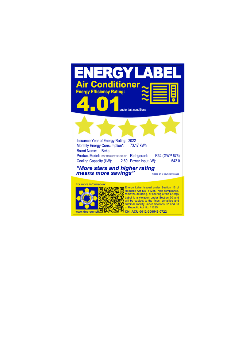 Page 1 de la notice Label énergétique Beko BSEOG 091