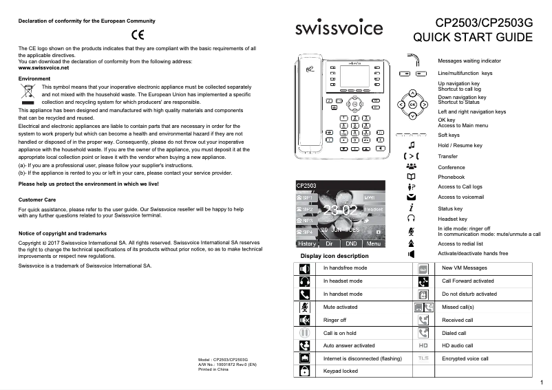 Page 1 de la notice Manuel utilisateur Swissvoice CP2503