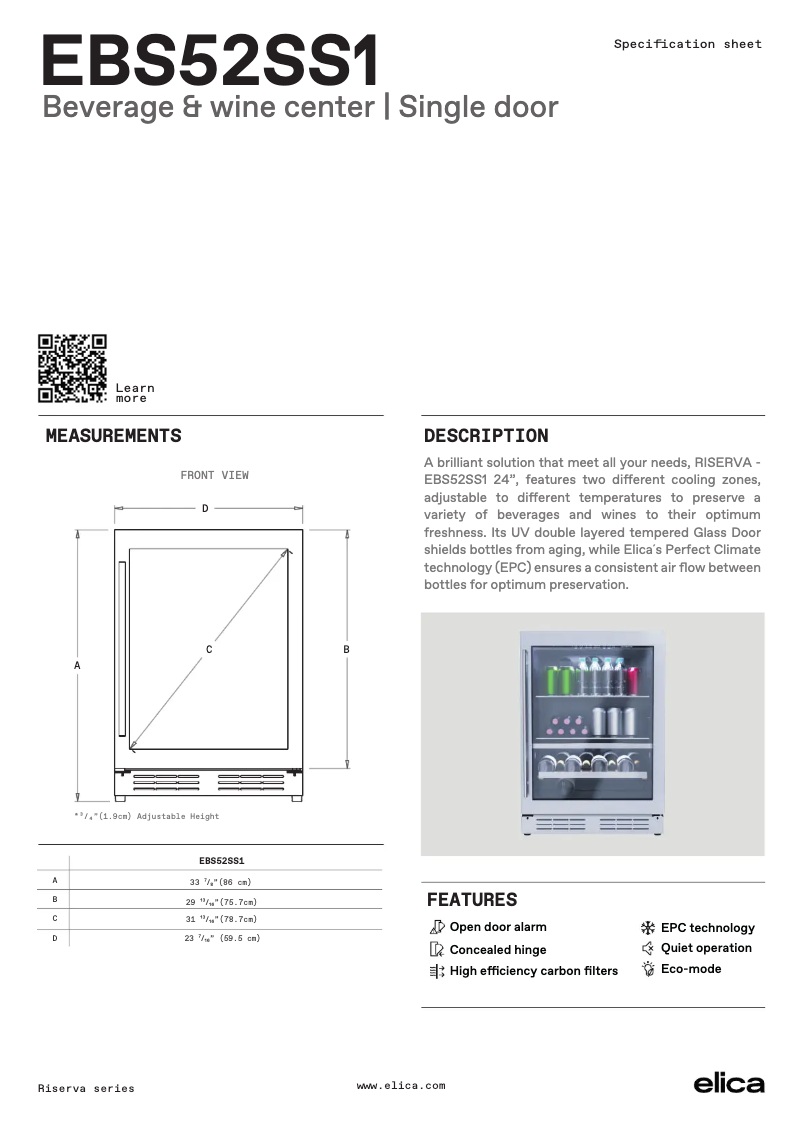 Page 1 de la notice Fiche technique Elica EBS52SS1