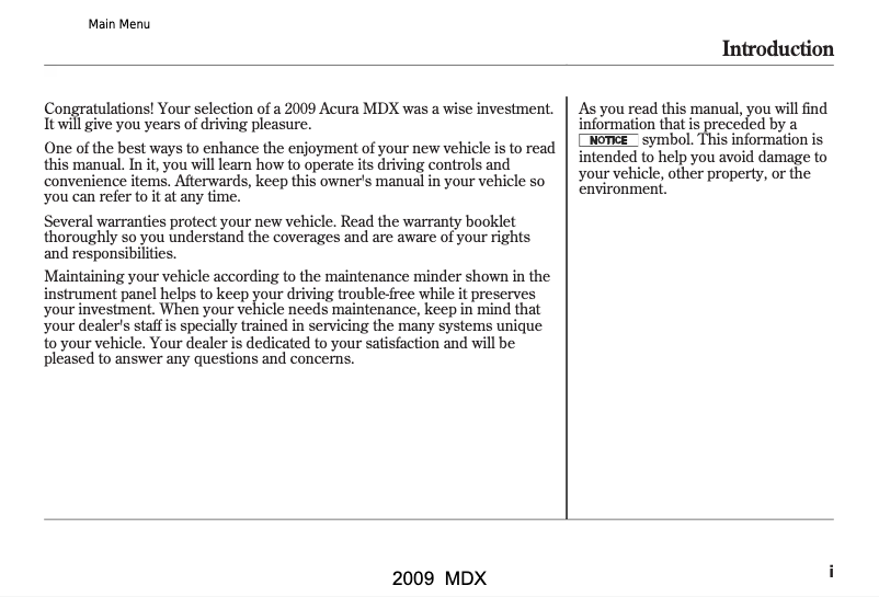 Page 1 de la notice Manuel utilisateur Acura MDX (2009)