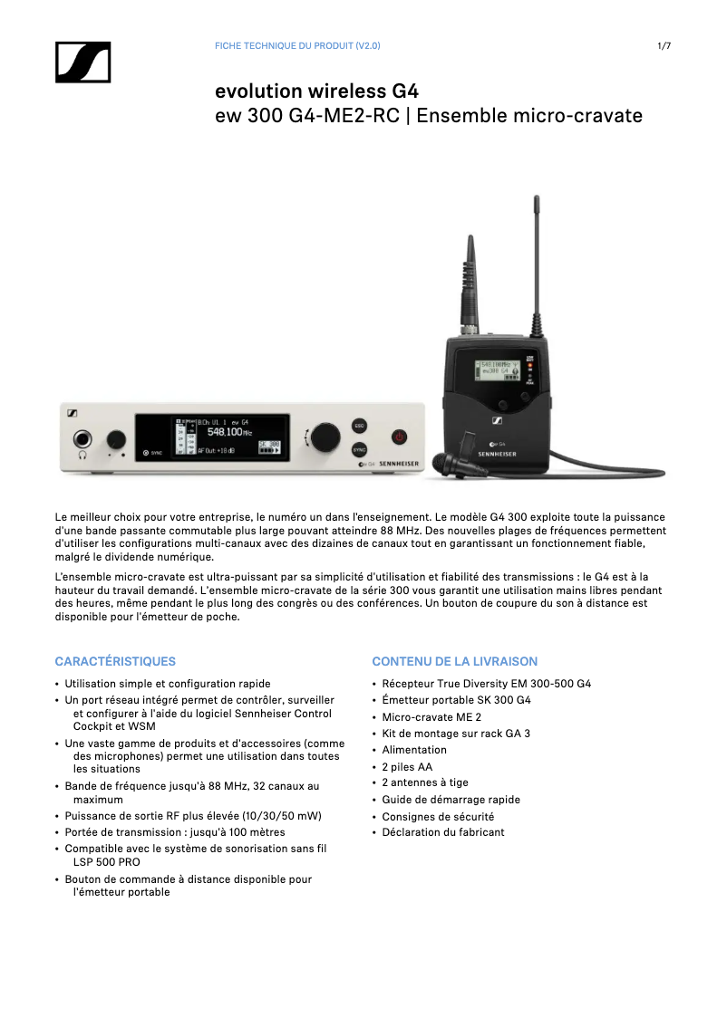Page n°1 - Fiche technique Sennheiser SK 300 G4-RC
