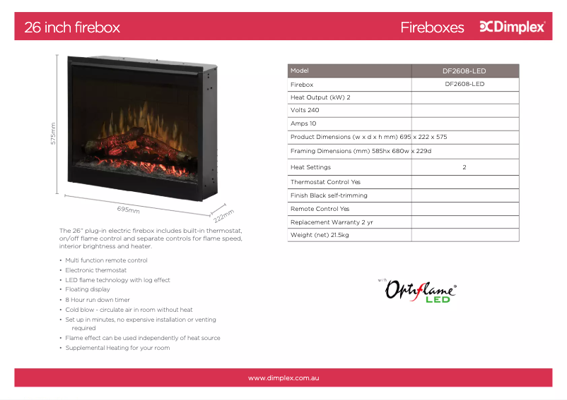 Page 1 de la notice Fiche technique Dimplex Optiflame DF2608-LED