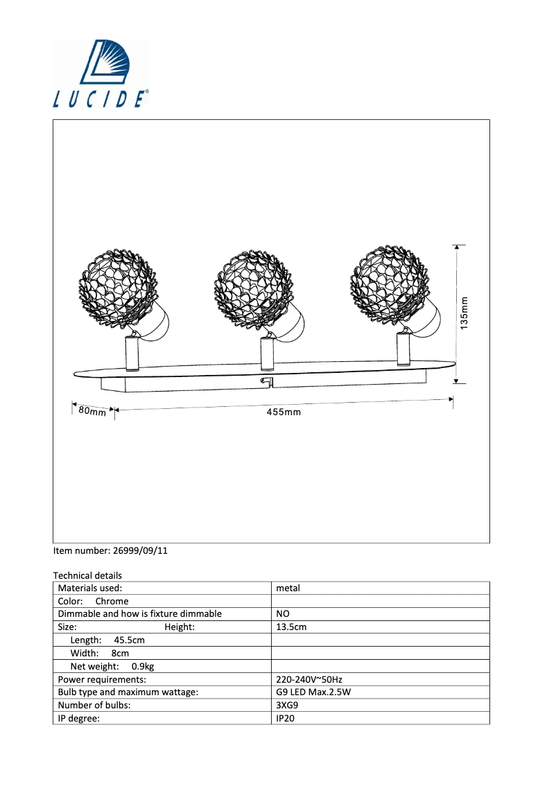 Page 1 de la notice Manuel utilisateur Lucide Kyra 26999/09/11