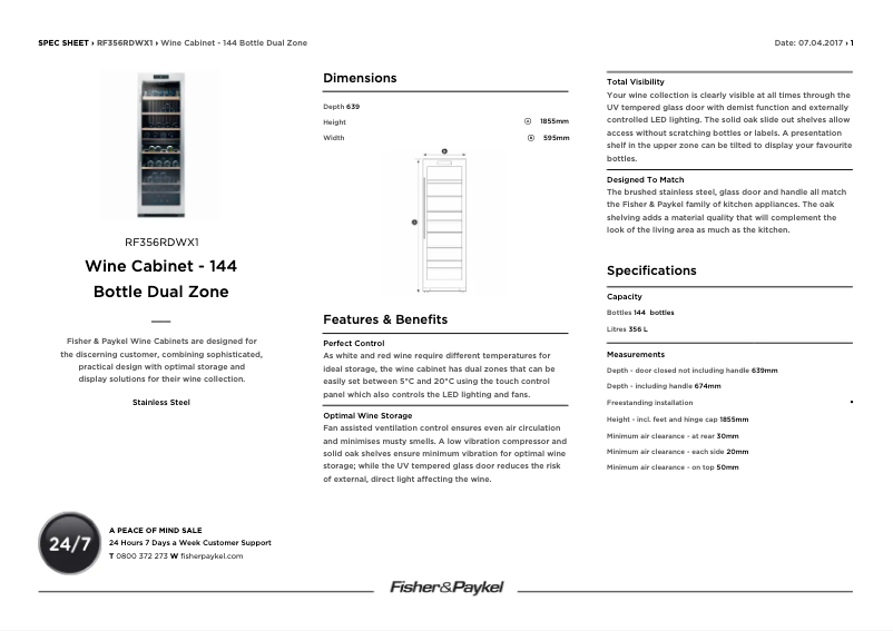 Page 1 de la notice Fiche technique Fisher & Paykel RF356RDWX1