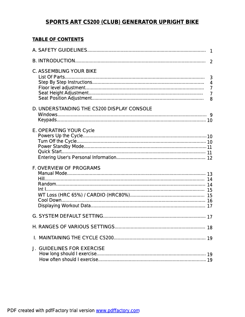 Page n°1 - Manuel utilisateur SportsArt C5200