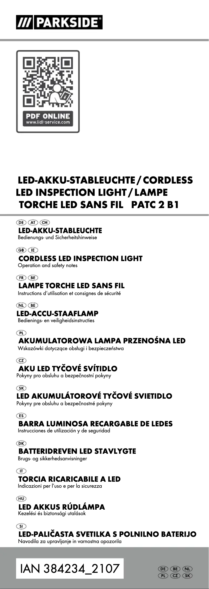 Page 1 de la notice Manuel utilisateur Parkside PATC 2 B1