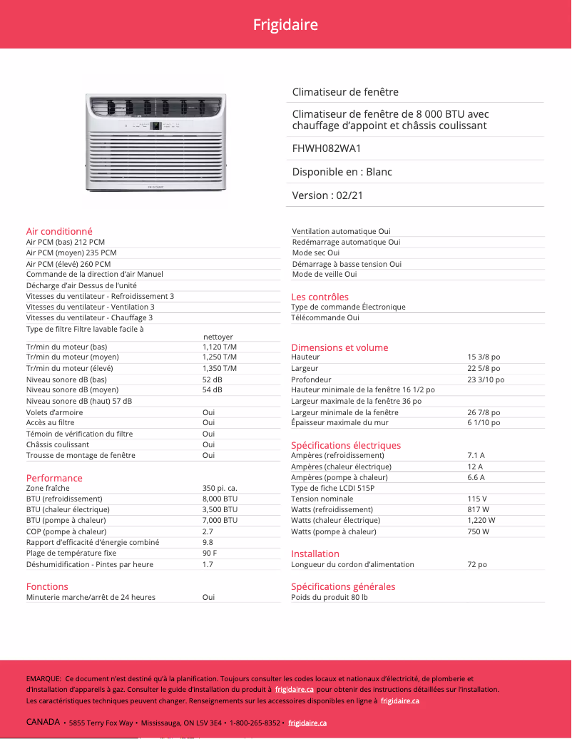 Image de la première page du manuel de l'appareil FHWH082WA1