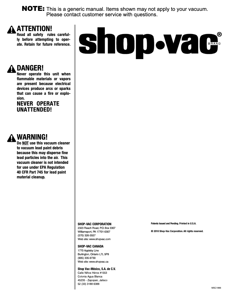 Page 1 de la notice Manuel utilisateur Shop-Vac J200A