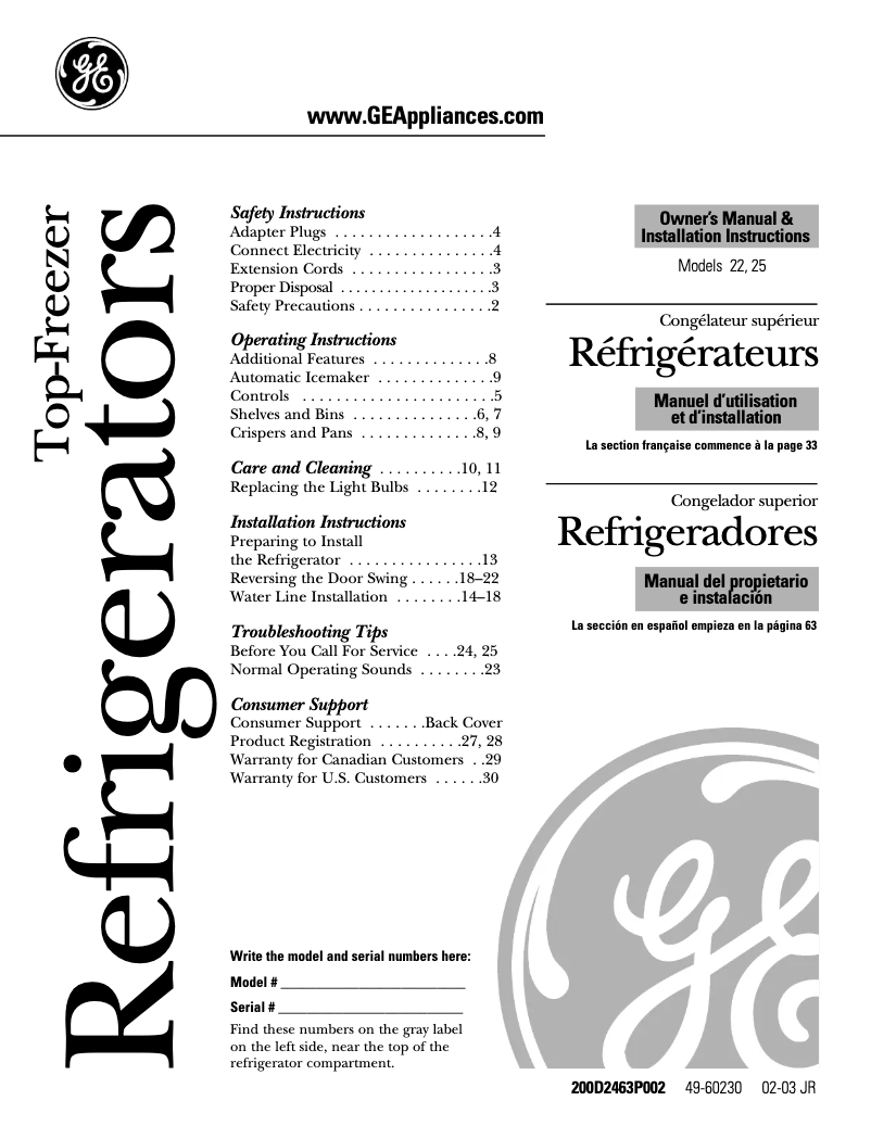 Image de la première page du manuel de l'appareil GTS22WCMBB