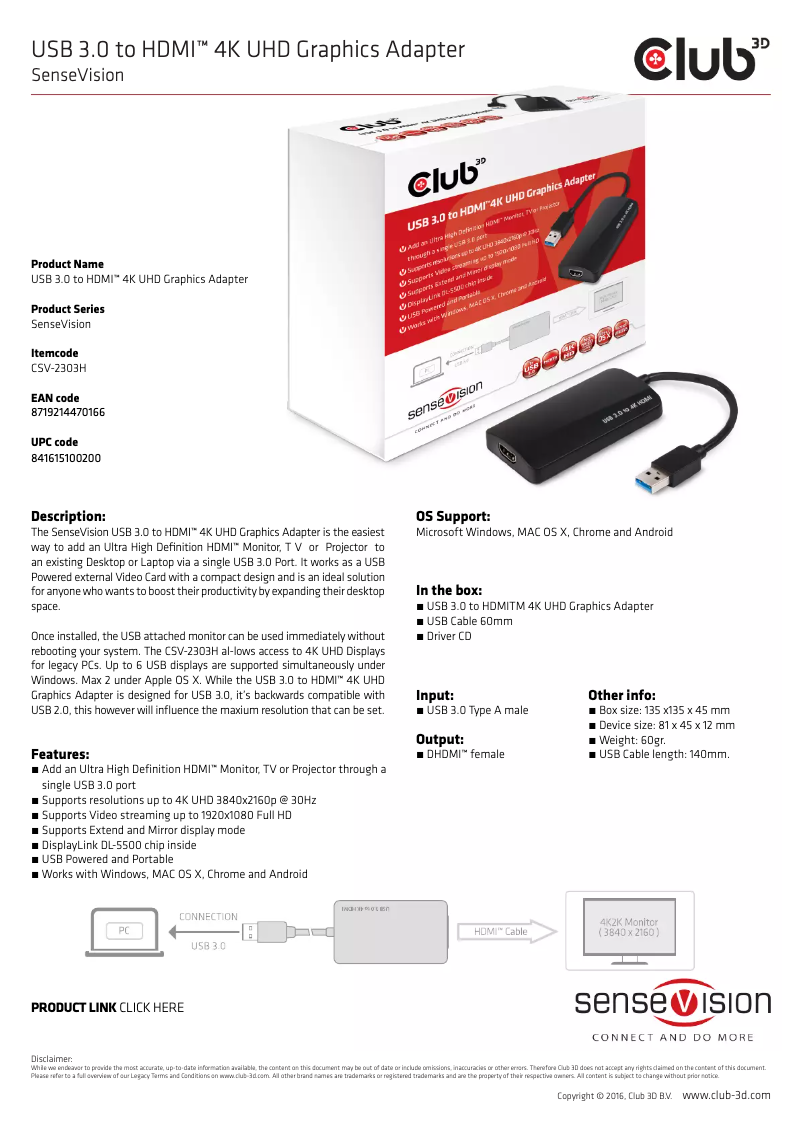 Page 1 de la notice Manuel utilisateur CLUB3D CSV-2303H