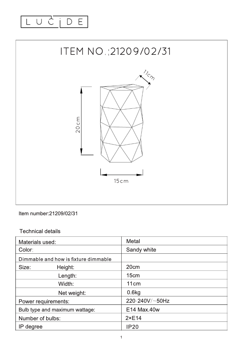 Page 1 de la notice Manuel utilisateur Lucide Otona 21209/02/31
