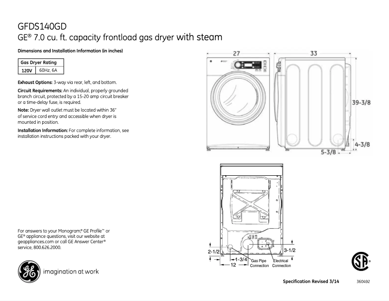 Página 1 del manual Ficha técnica GE GFDS140GDWW