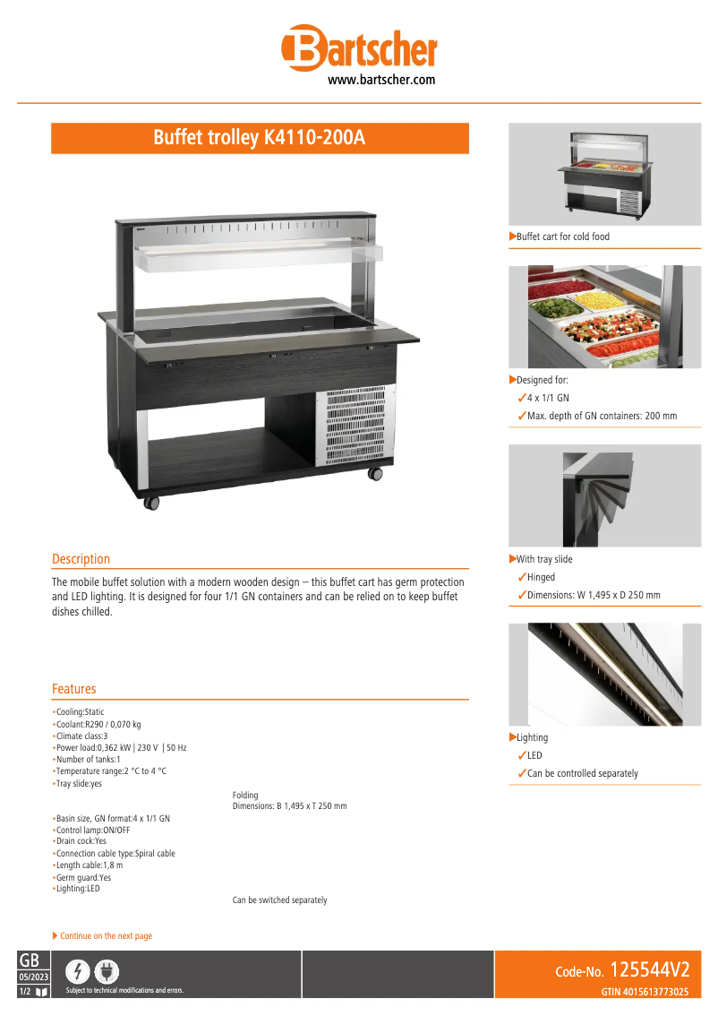 Page 1 de la notice Fiche technique Bartscher K4110-200A