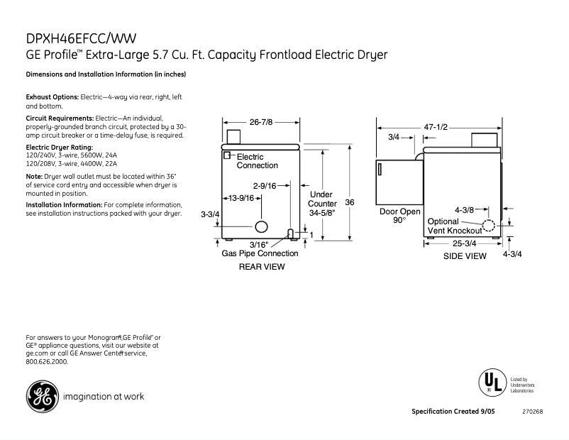 Page n°1 - Fiche technique GE Profile DPXH46EFWW