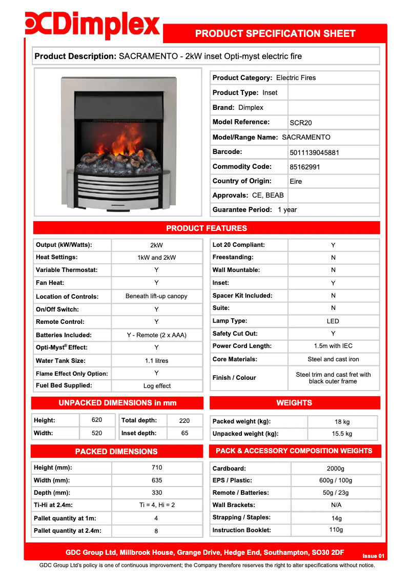 Page 1 de la notice Fiche technique Dimplex SCR20