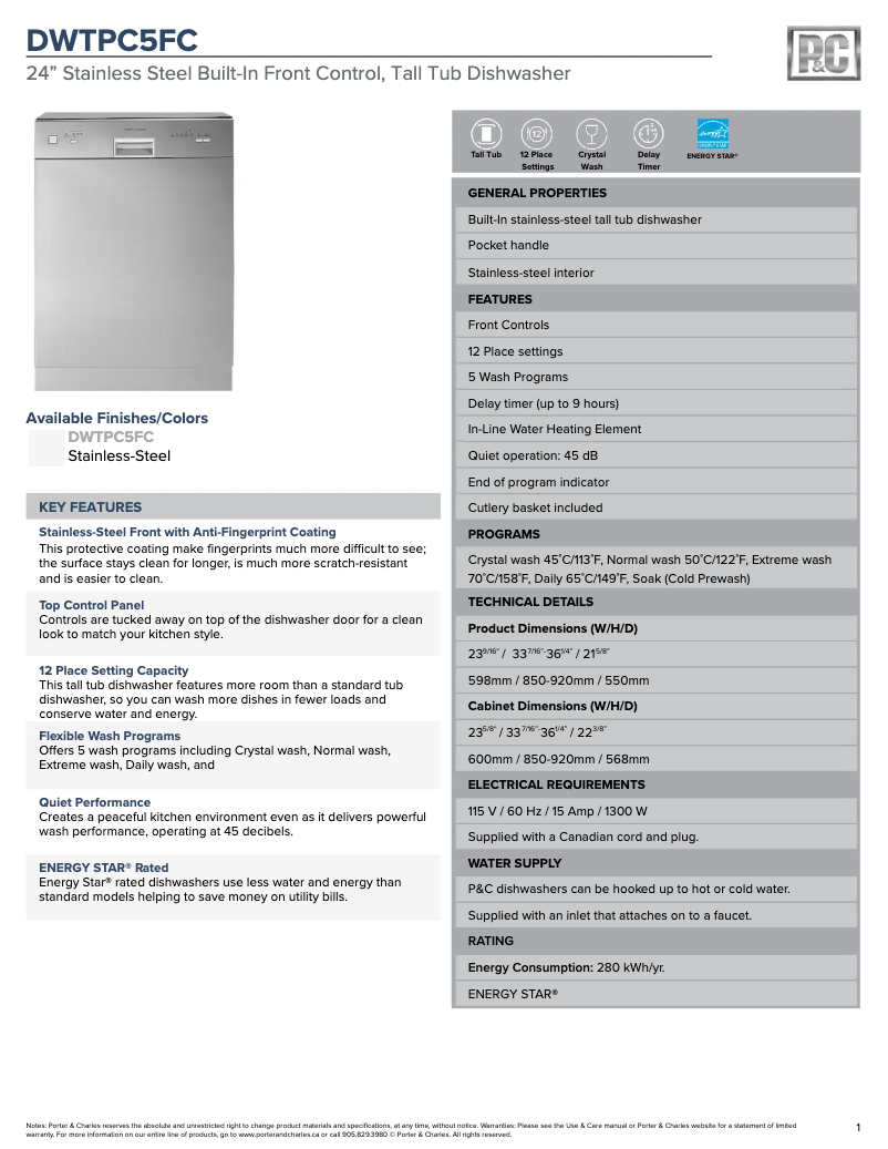 Page 1 de la notice Fiche technique Porter & Charles DWTPC5FC