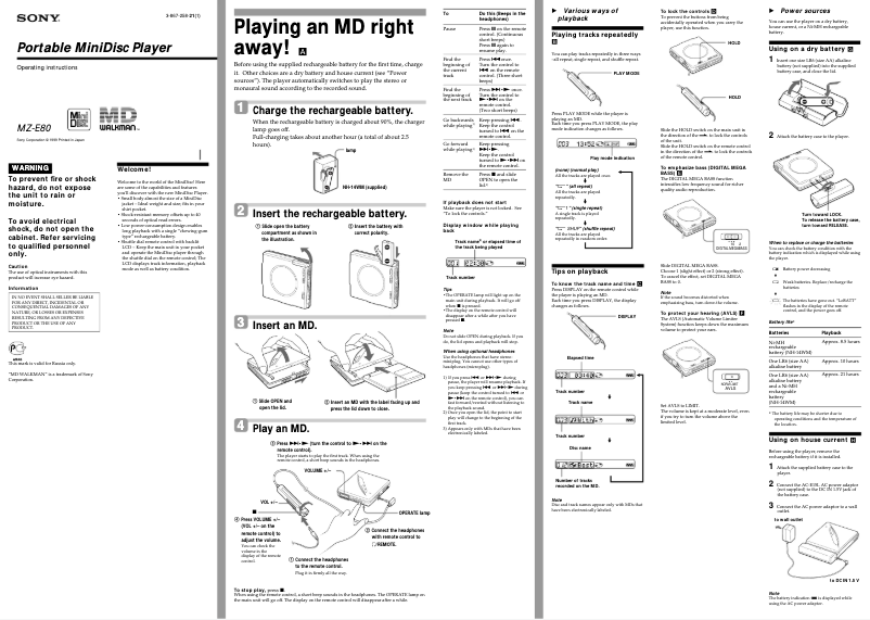 Page 1 de la notice Manuel utilisateur Sony MZ-E80