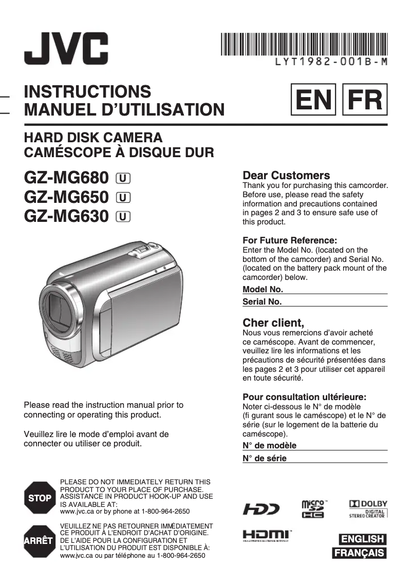 Page 1 de la notice Manuel utilisateur JVC Everio GZ-MG630