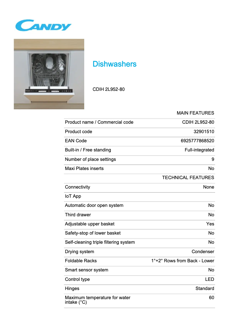 Page 1 de la notice Fiche technique Candy CDIH 2L952-80