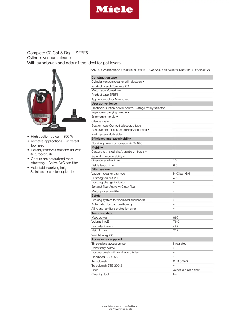 Page n°1 - Fiche technique Miele Complete C2 Cat & Dog
