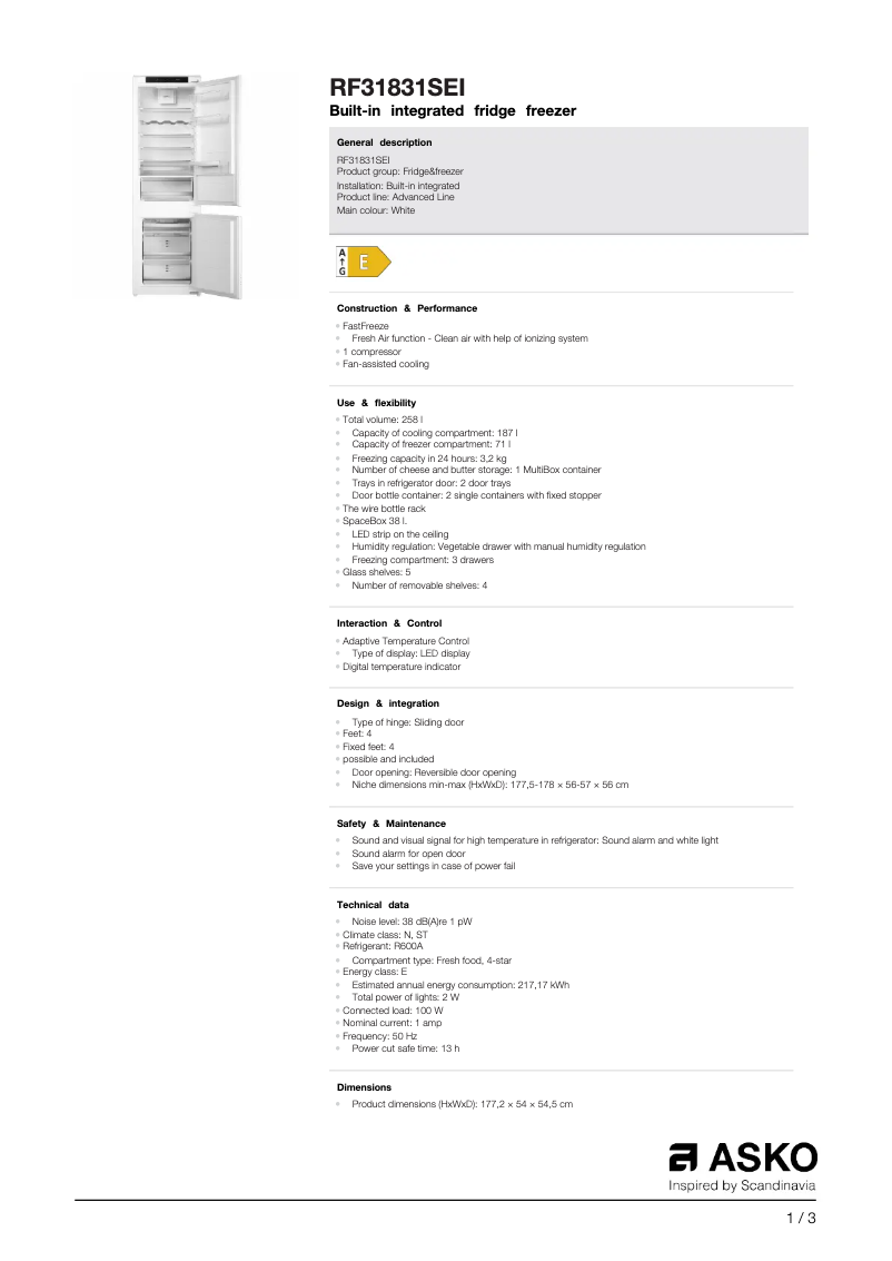 Page 1 de la notice Fiche technique Asko RF31831SEI