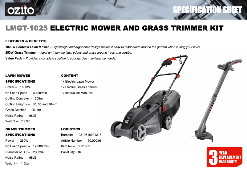 Página 1 del manual Ficha técnica Ozito LMGT-1025