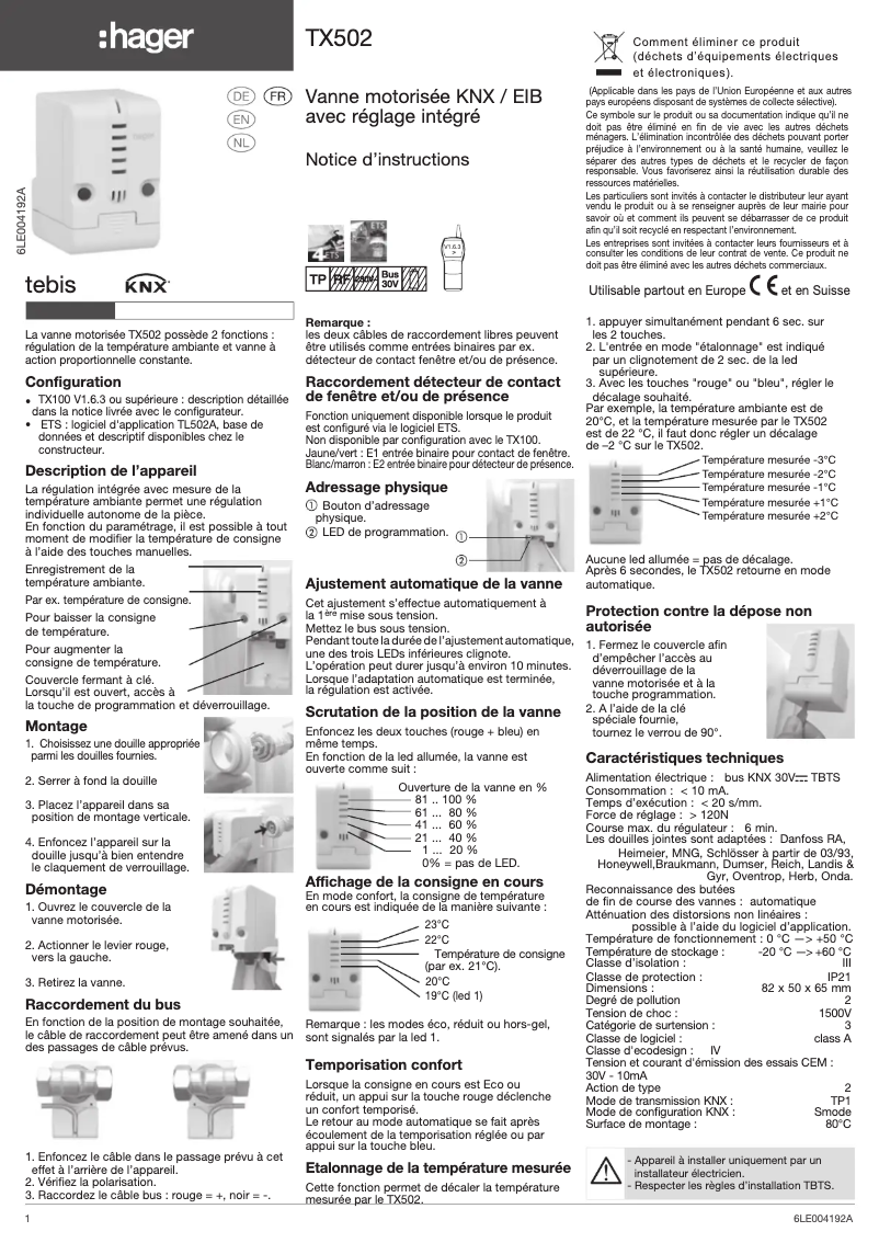 Page 1 de la notice Manuel utilisateur Hager TX502
