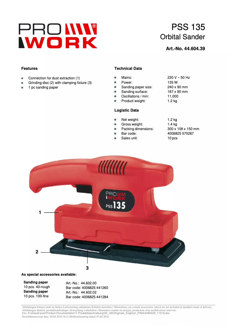 Page n°1 - Manuel utilisateur Prowork PSS 135