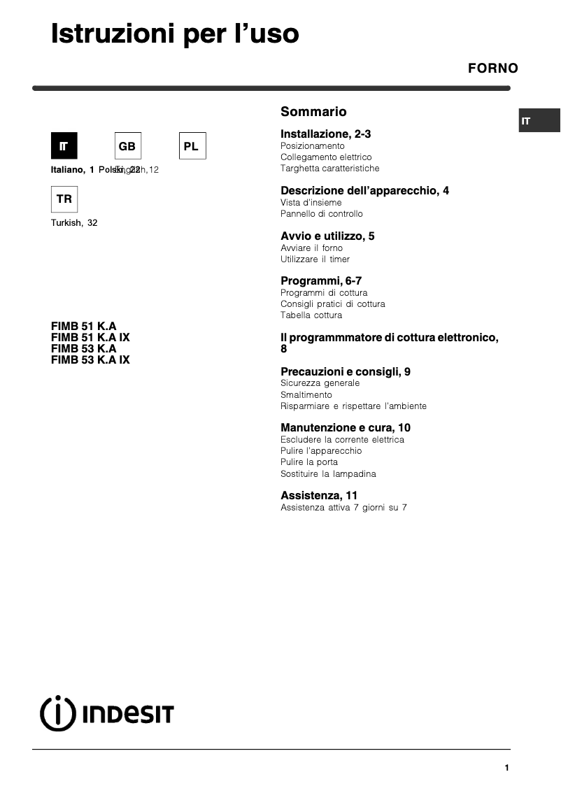 Page n°1 - Manuel utilisateur Indesit FIMB 53 K.A IX